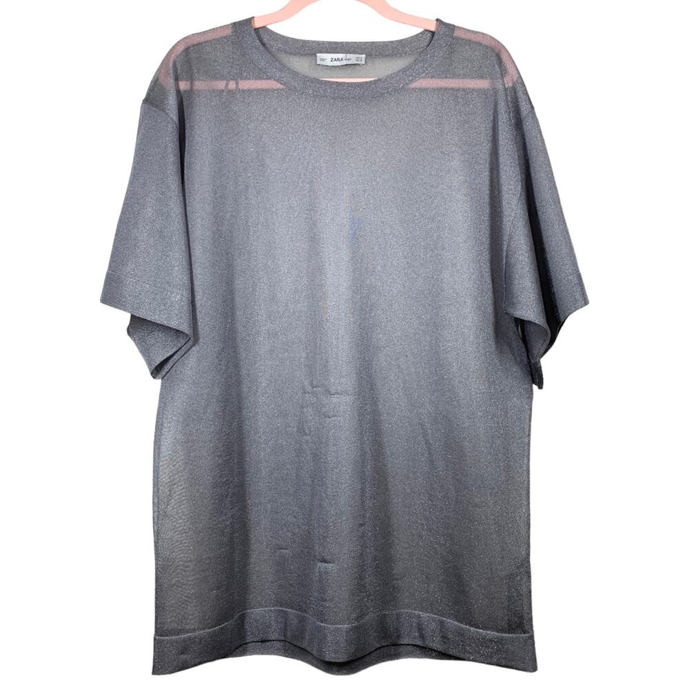 ZARA Knit Silver Sheer Oversized Short Sleeve Blouse Small